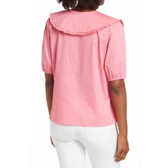 WAYF Ruffle Collar Short Sleeve Shirt, Cherise Pink, XS, NWT - Picture 2 of 2